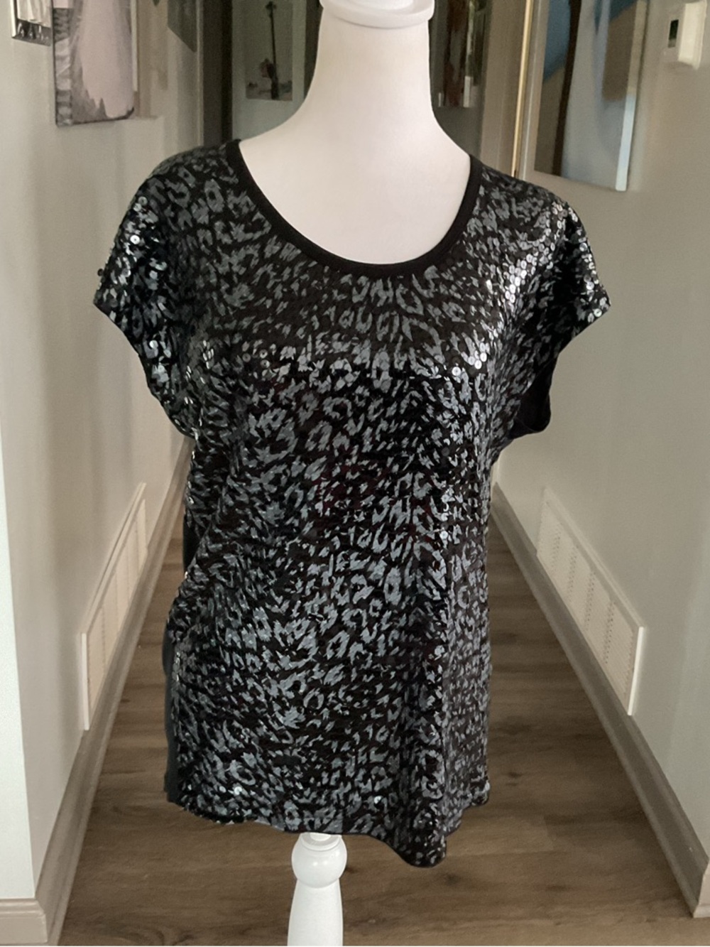 Michael Kors Black Sequin Animal-Print Short Sleeve Tee
